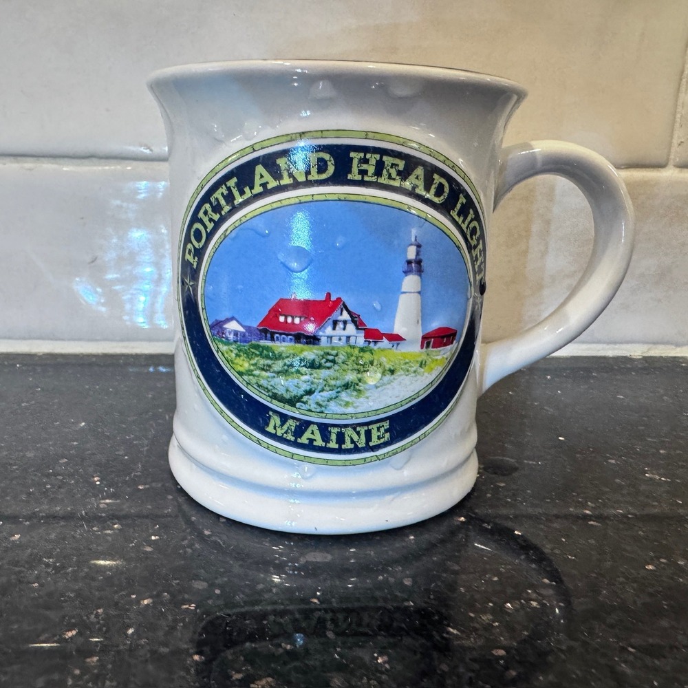 Portland Head Light Maine Souvenir Coffee Mug White Blue Interior‎ Lighthouse